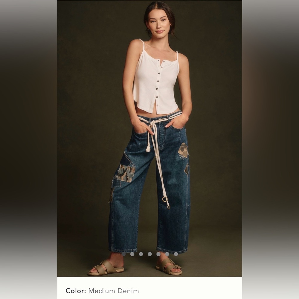 NWT Anthropologie Pilcro Kenna Mid Rise Heritage  Blue Camo Patch Barrel Jeans